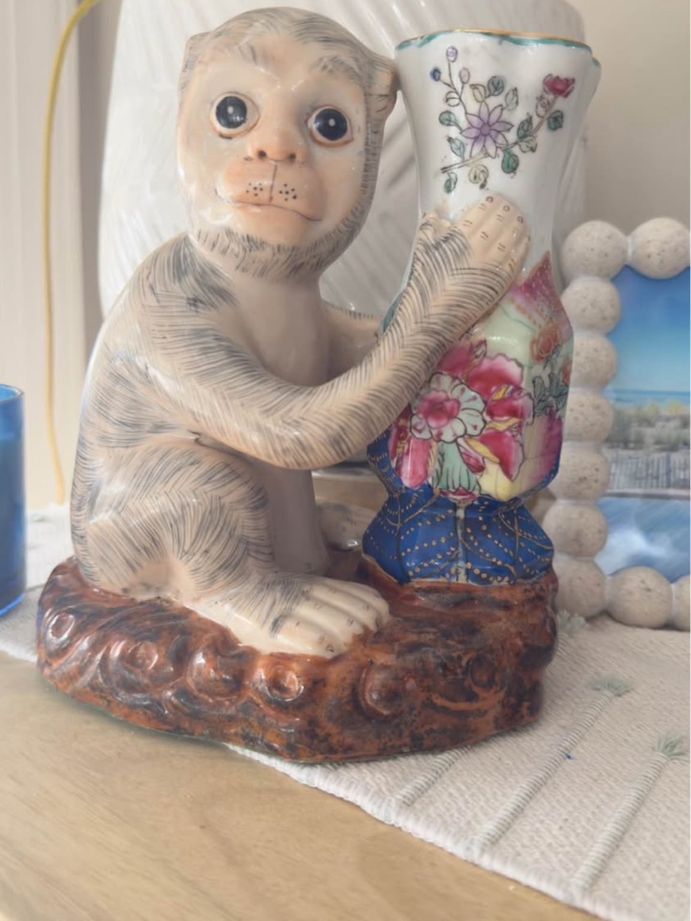 Tobacco leaf Chinoiserie porcelain  Monkey Figurine with Vase— VERY RARE